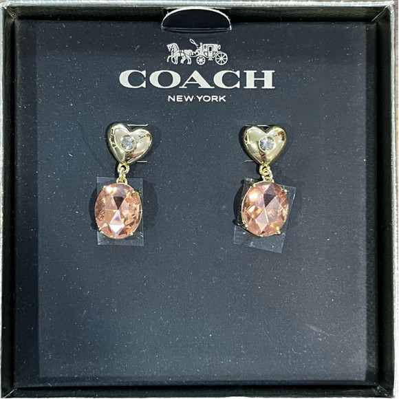 COACH Heart Drop Earrings  Cubic Zirconia, Glass Pink Gold Earrings NEW - Picture 4 of 4
